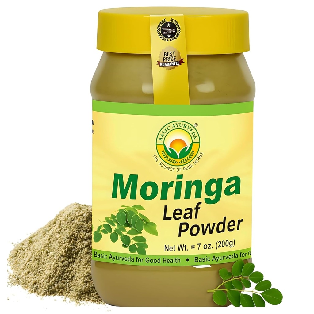 BASIC AYURVEDA Moringa Leaf Toz - 7.05 Oz (200g) | Fine Green Superfood Toz | Antioxy Rich, Vegan & Gluten-Free | Pure Moringa for Smoothies, Teas, Juices & Cooking Cooking