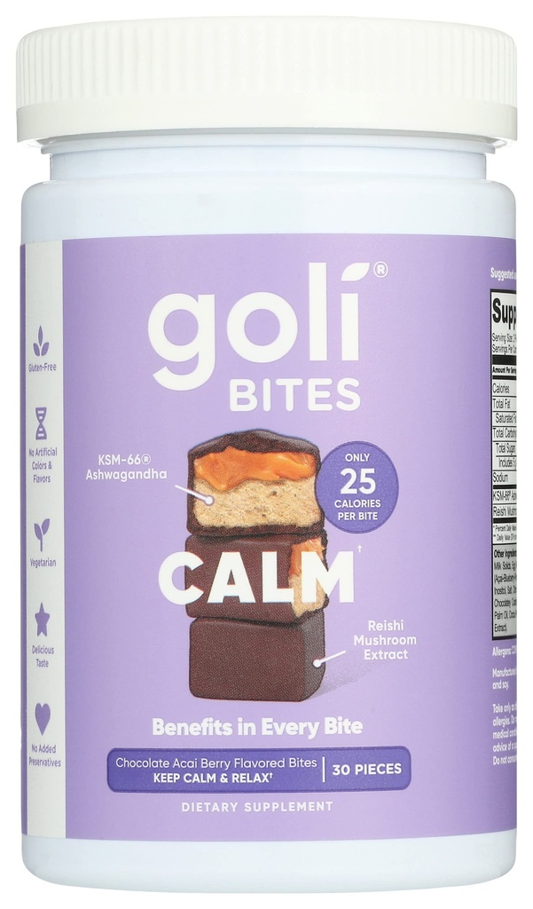 Goli Beslenme Calm Ashwagandha Bites Chocolate Acai Berry Flavor, Caffeinated, Vegetarian, Gluten Free ve NoEDIT Preservatives, 30 Pieces ( 1)