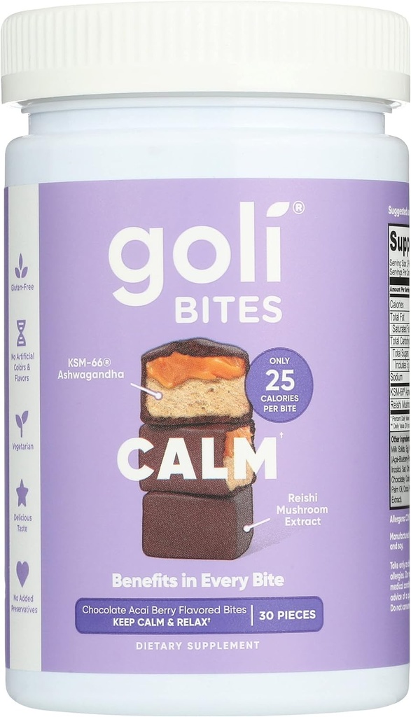 Goli Beslenme Calm Ashwagandha Bites Chocolate Acai Berry Flavor, Caffeinated, Vegetarian, Gluten Free ve NoEDIT Preservatives, 30 Pieces ( 1)