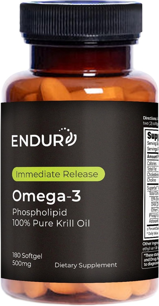 Endur Omega-3 Phospholipid (100% Pure Krill Oil), Συμπλήρωμα για την υγεία της καρδιάς, Formated for Optimal Abvorvation, Gluten Free, 500mg (180 Softgels)