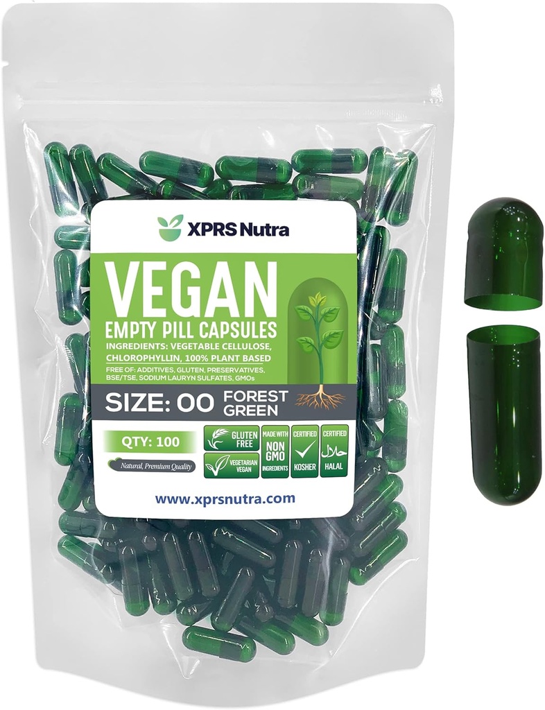 XPRS Nutra Boyutu 00 Boş Kapsüller - 100 Kont Boş Vegan Capsules - Vejetaryen Boş Pills - DIY Sebze Kapsülü - Veggie Pill Caps (Forest Green)