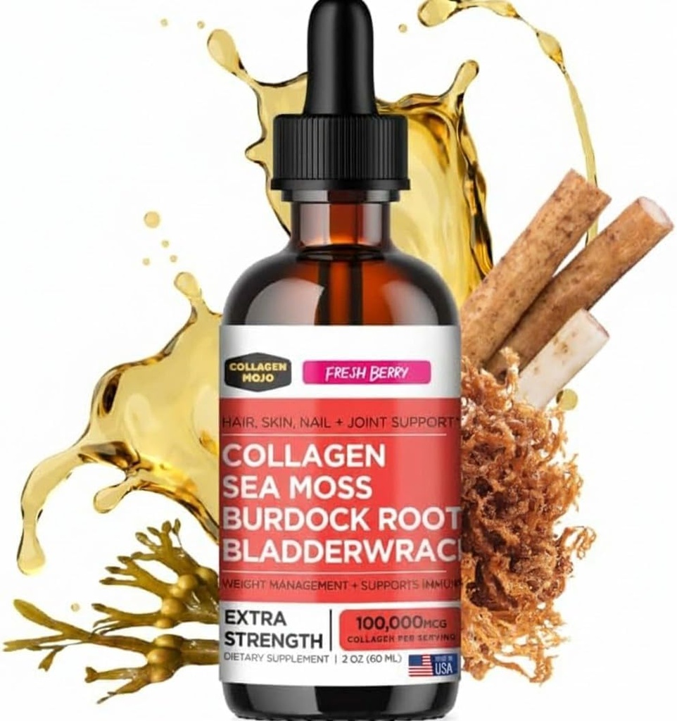 Collagen Mojo - Liquid Collagen για γυναίκες & άνδρες, Collagen Peptides με θαλάσσια Moss, Burdock Root & Bladderwrack - μαλλιά, δέρμα, νύχια, κοινή υποστήριξη, διαχείριση βάρους, υψηλή απορρόφηση - 100.000mcg, 2 Oz