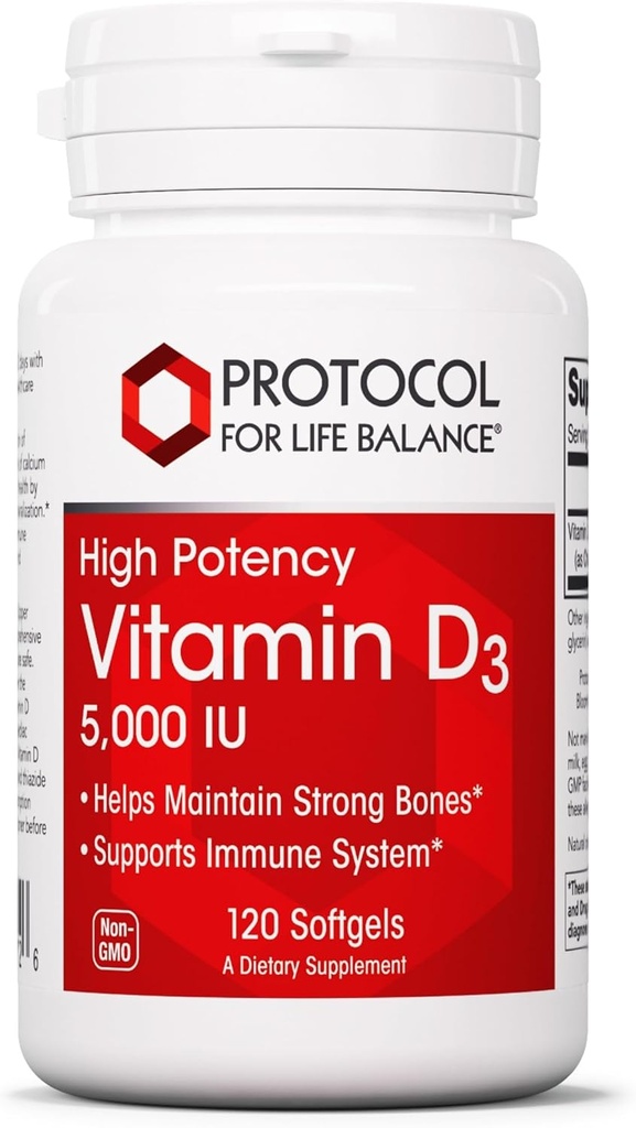 PROTOCOL FOR LIFE BALANCE - Vitamin D3 5000 IU (High Potency) Supportsuba Abpsiyon, Bone and Dental Health, Immune System Function, Nervous System ve Cognitive Function - 120 Softgels
