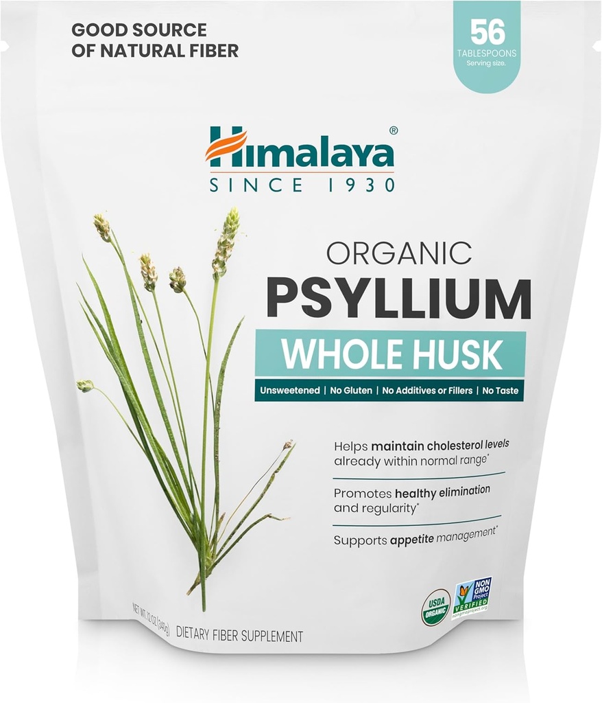 Himalaya Organic Psyllium Whole Husk, Natural Daily Fiber Supplement, Regularity, Opetite Management, USDA Certified Organic, Non-GMO, 56-Tablespoon Supply, Unflaved, 12 Oz