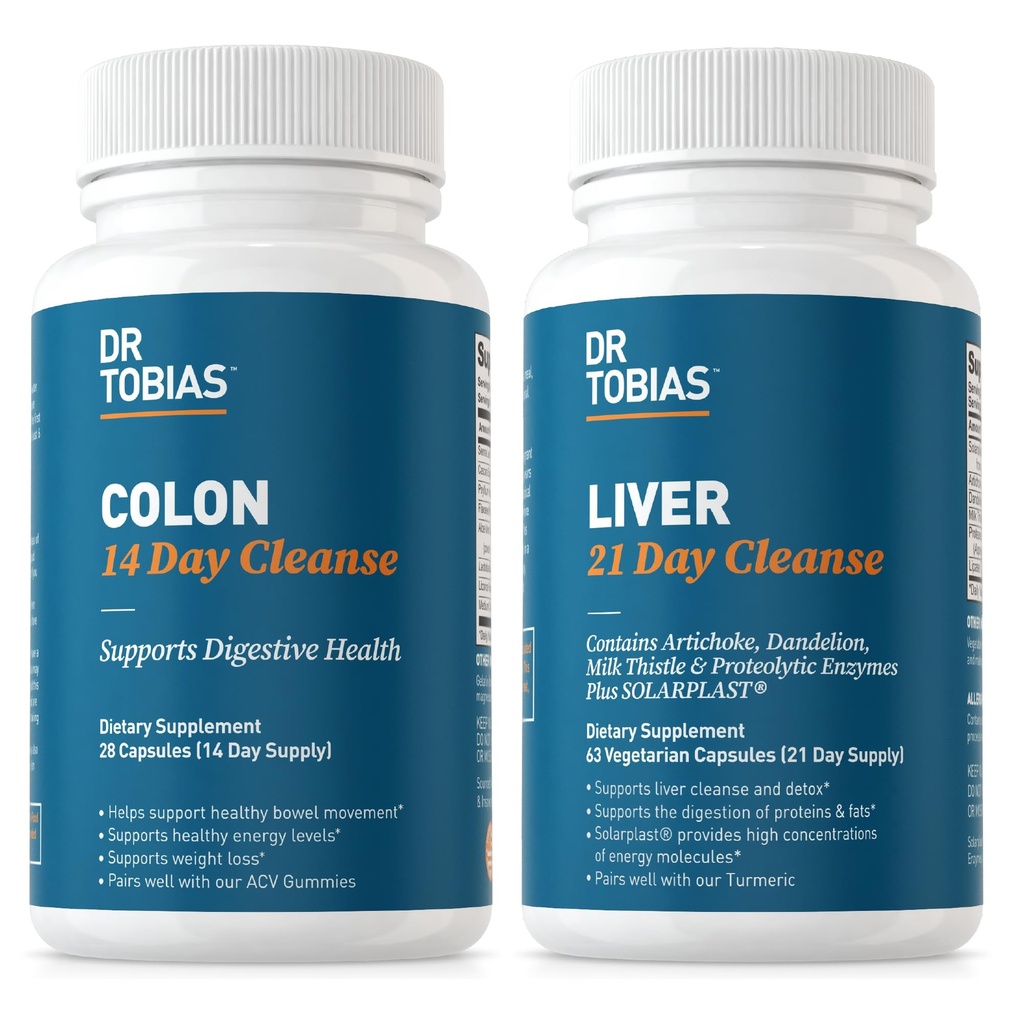 Dr. Tobias Colon 14 Day Cleanse & Liver 21 Day Cleanse Supplements, Fiber, Herbs & Probiyotiks, Solarplast, Artichoke, Milk Thistle, Supports Gut and Liver Health.