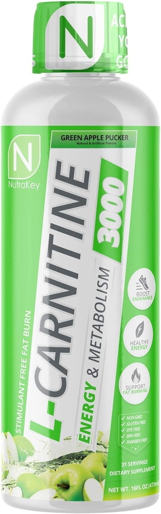NutraKey L-καρνιτίνη 3000mg, χωρίς ζάχαρη, χωρίς γλουτένη, μετατρέπονται σε καύσιμα, (πράσινο μήλο) 31 εξυπηρετούν