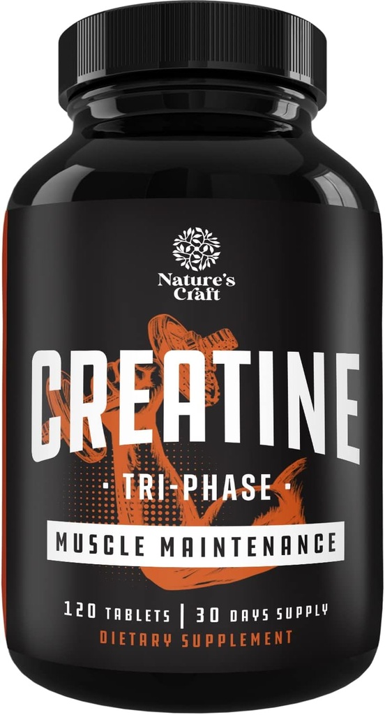 Natures Craft High Strength Tri Phase Creatine Tablets for Women & Men - Formula Blend of Creatine Monohydrate, 300mg HCL & Pyruvate Supplement - Mus Mass Gain & Recovery Supplement - 120 Tablets