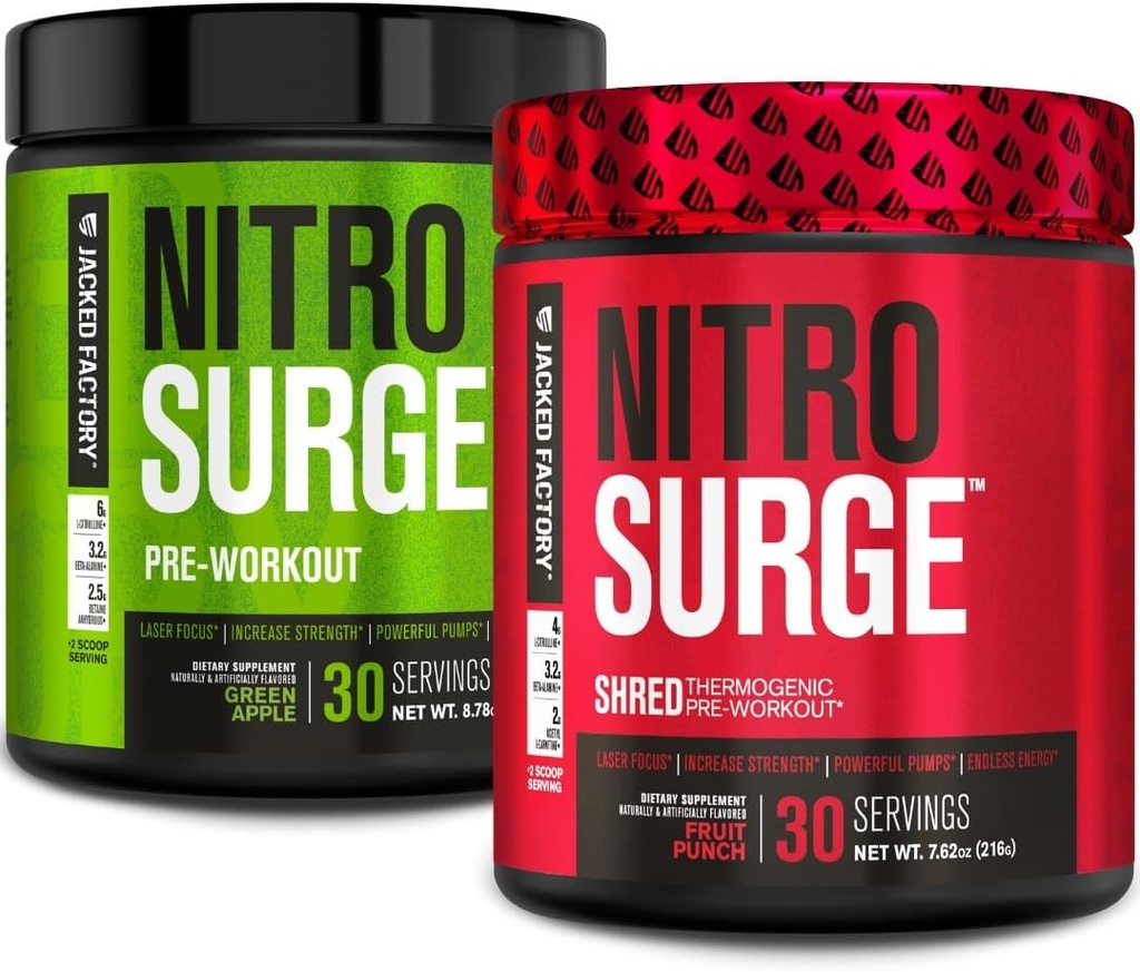 Jacked Εργοστάσιο Nitrosurge προ-εξάσκηση σε πράσινο Apple & Fruit Punch Nitrosurge Shred Θερμογόνο προ-εξάσκηση για άνδρες και γυναίκες
