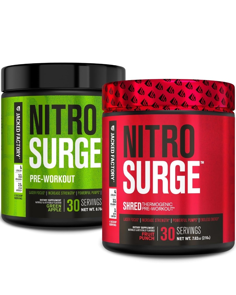 Jacked Factory Nitrosurg Pre-Workout in Green Apple & Fruit Punch Nitrosurge Ked Termogenic Pre-Workout for Men & Women