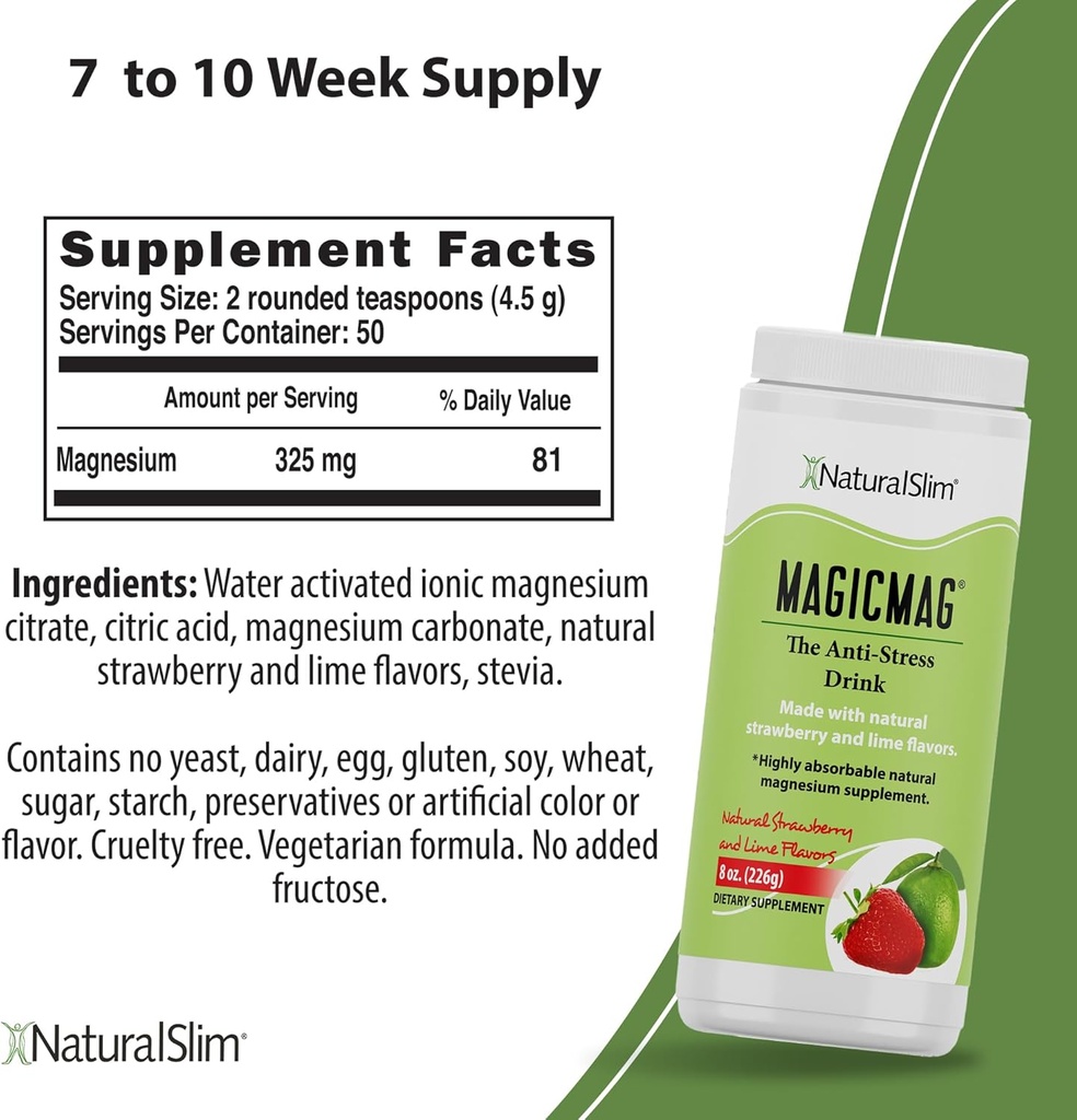 NaturalSlim Magicmag Magnezyum Pure Citrate Toz – Stres, Constipation, Muscle, and Heart Support | Natural Strawberry & Lime Flavored Magnezyum Supplement - 8oz Ikinci
