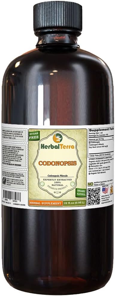 Codonopsis (Codonopsis Pilosula) Tincture, Organik kıl Köklü Ekstraksiyon (Brand Name: HerbalTerra, Proudly Made in USA) 32 fl.oz (0.95 l)