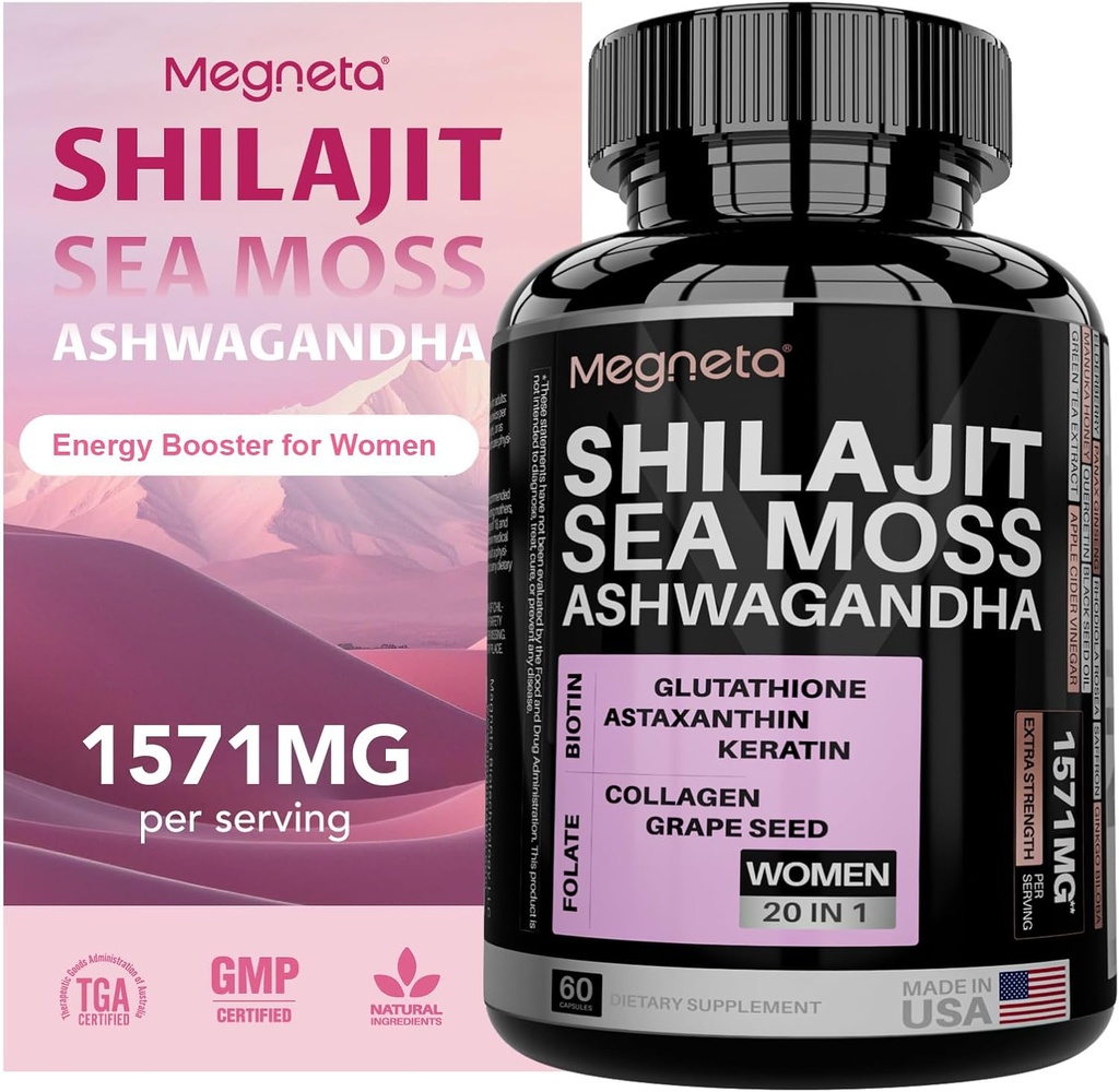 All-in-One Sea Moss, Shilajit, Ashwagandha & Glutathione Supplement for Women, Boosts Energy, 60 Capsules