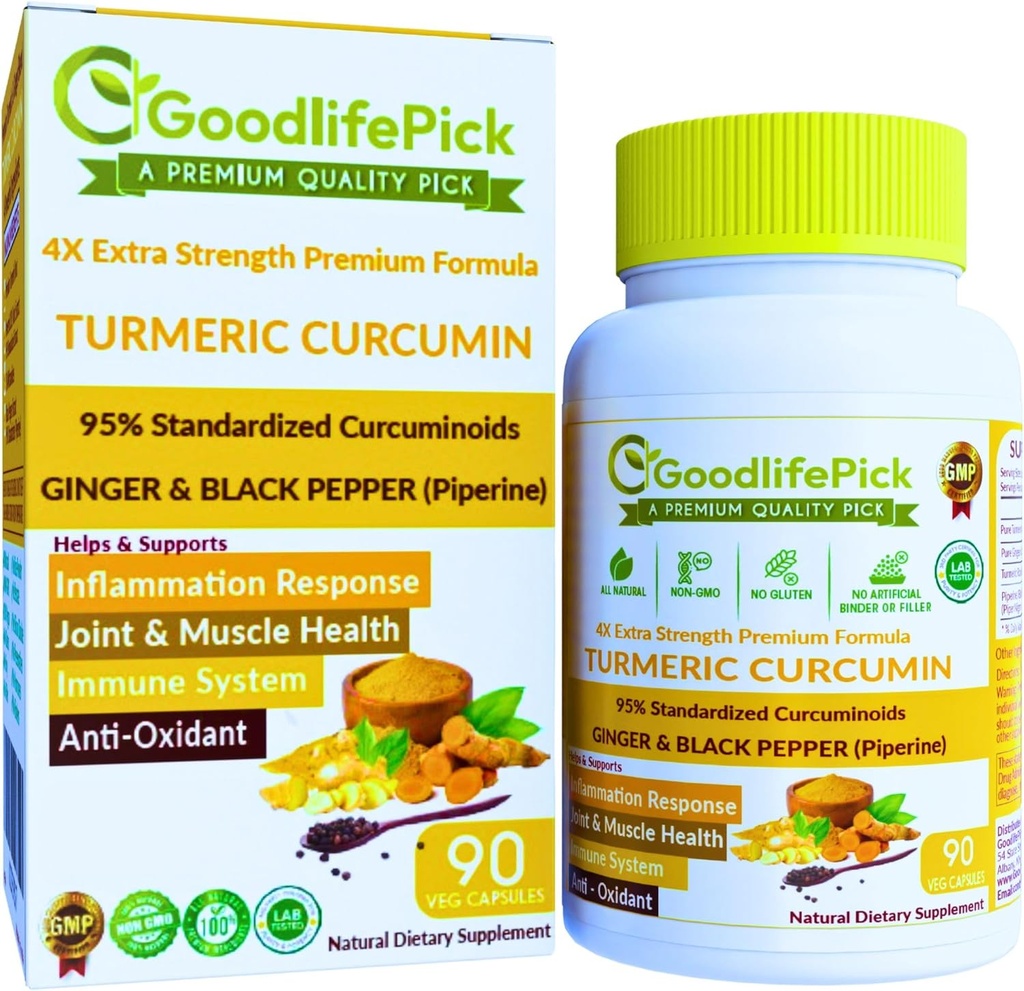 Turmeric Curcumin Capsules Extra Strength with Ginger & 95% Curcuminoids & Black Pepper Extract for Maximum Benefits. All Natural NonGMO NO Rice Powder NO Stearate NO Silica- 90 Veg Cap