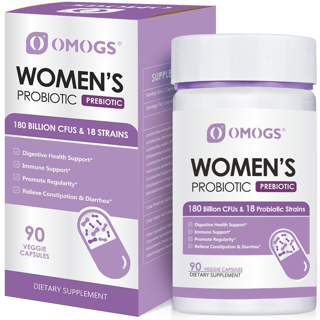 OMOGS Women's Probiyotik 180 Milyar CFUs 18 Strains, Organic Prebiyotiks, Cranberry Extract, D-Mannose & Digestive Enzymes, for Digestive, Boost Immune, PH Balance & Urethral Health, 90 Capsules