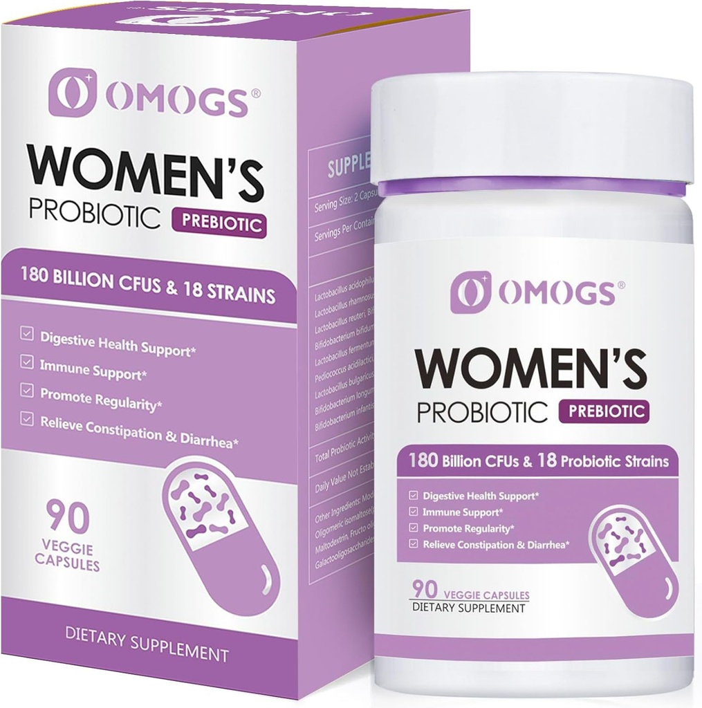 OMOGS Women's Probiyotik 180 Milyar CFUs 18 Strains, Organic Prebiyotiks, Cranberry Extract, D-Mannose & Digestive Enzymes, for Digestive, Boost Immune, PH Balance & Urethral Health, 90 Capsules