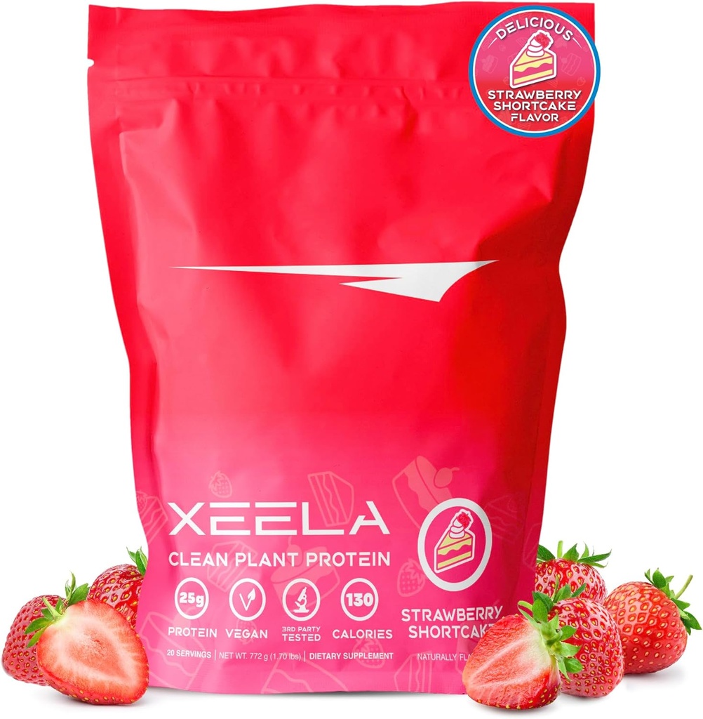 XEELA Vegan Protein Powder - Independently Tested - 25g Υψηλής Πρωτεΐνης, Πρωτεΐνης Μπύρας για Άνδρες & Γυναίκες - Βιταμίνες & Ορυκτά, Μη ΓΤΟ, Γαλακτοκομικά & Γλουτένη Χωρίς, Χαμηλό Καρμπόν & Χαμηλό Πάτημα (Strawberry Cake)