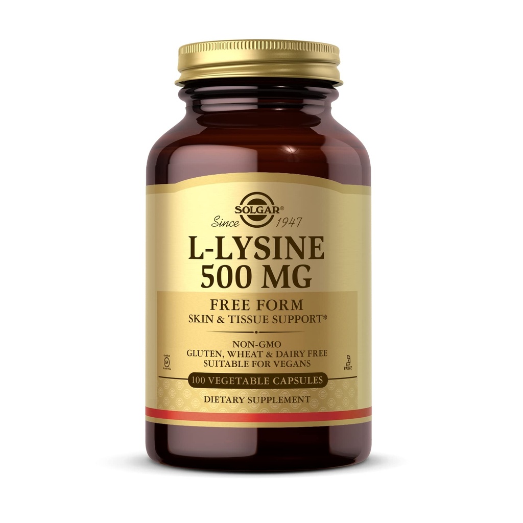 Solgar L-Lysine 500 mg - 100 Κάψουλες λαχανικών - Υποστήριξη δέρματος & ιστού - Μη ΓΤΟ, Vegan, Kosher, Χωρίς γλουτένη - 100 Σερβιέτες