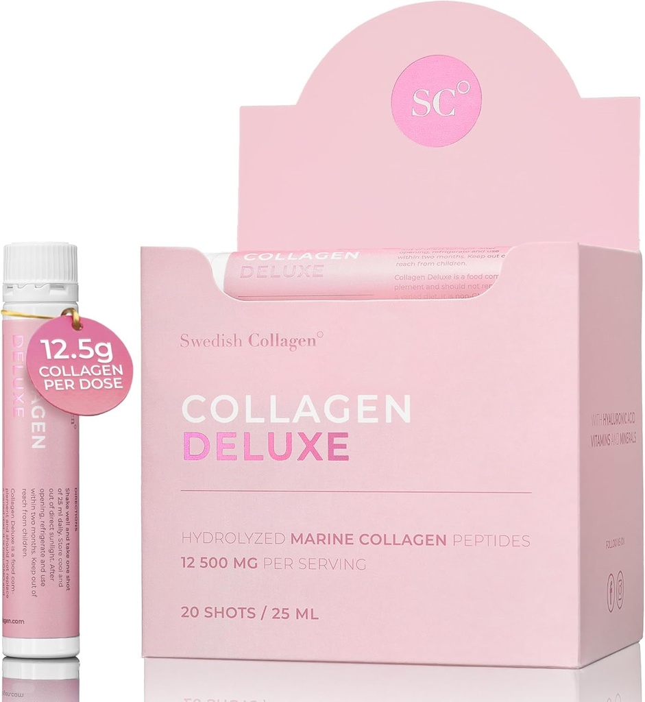 İsveç Collagen Deluxe | 12,500 mg Hydrolyzed Marine Collagen Liquid Supplement - 20 x 25 ml Günlük Shots | Hyaluronik Asit, Biotin ve Vitamin C Sağlıklı Saçlar, Skin, Nails ve Ortaklar | Sugar-Free