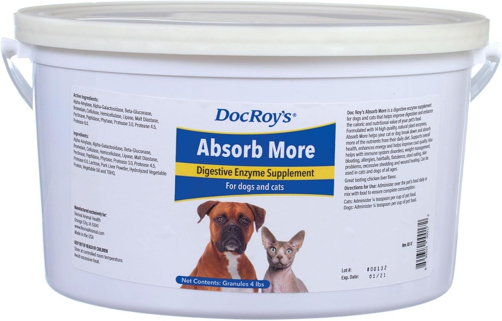 Doc Roy's Absorb Περισσότερα - Digestive Enzyme Supplement- for Dogs & Cats - 4lb Κοκκία