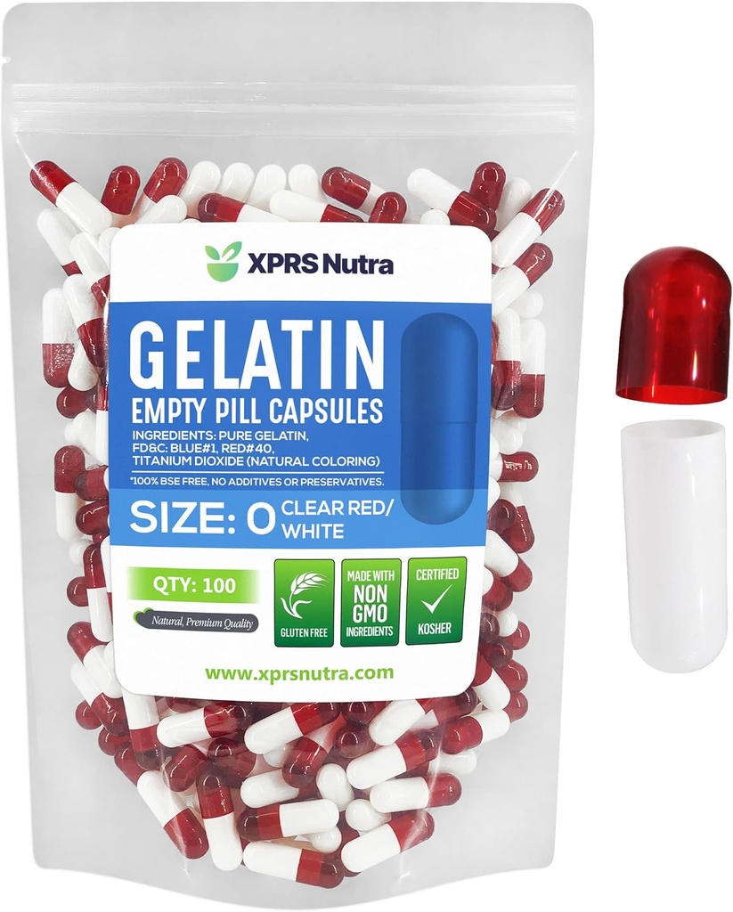 XPRS Nutra Boyutu 0 Boş Kapsüller - 100 Kont Boş Gelatin Capsules - DIY Capsule Filling - Pure Bovine Pill Gel Caps For Do-It- Yourself Supplements (Clear Red/White)