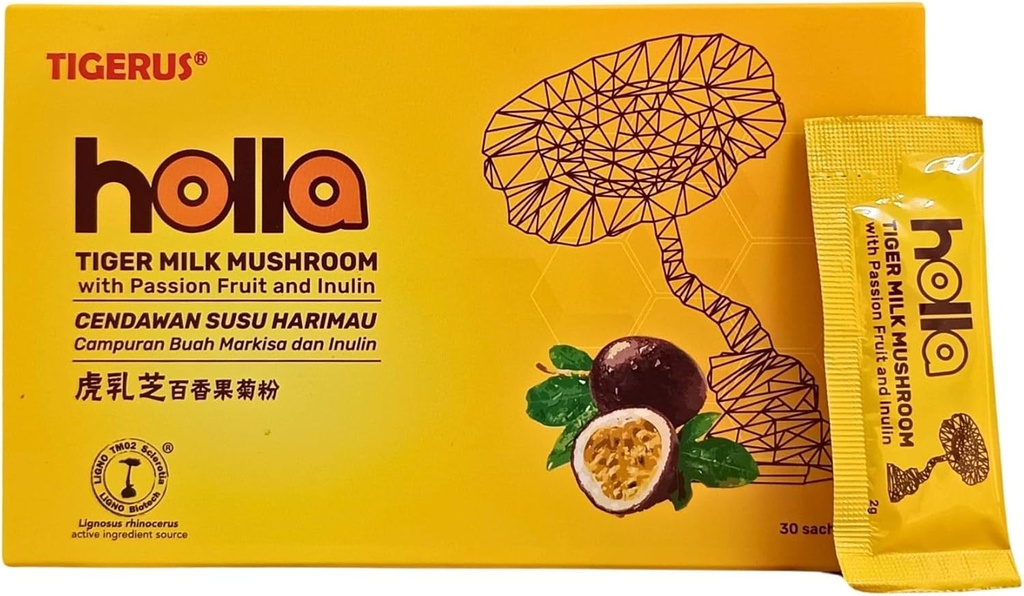 TIGERUS® Holla Tiger Milk Mushroom with Passion Fruit and Inulin - Immune Support, Digestive Health, Antioksi Boost, Natural Wellness Supplement - 30 Sachets