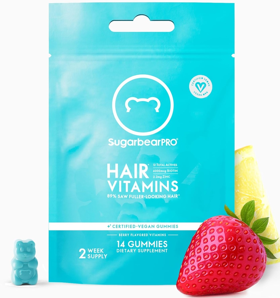 SugarBearPro Hair Gummy 14 Day Supply Extra Strength Biotin 600006, Men & Women, Vegan B12, MSM, Inositol, Omega 3, Elderberry, sertifikalı Kosher, Halal, Cruelty-Free