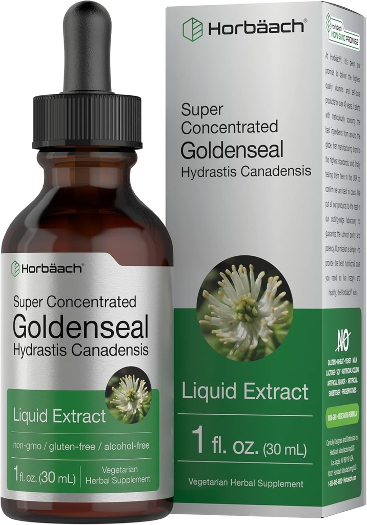 Horbäach Goldenseal Root Tincture | 1 Fl Oz | Sıvı Ekstraksiyon Tamam | Hydrastis Canadensis Herb Drops | Alkol Free | Vegetarian, Non-GMO ve Gluten Free