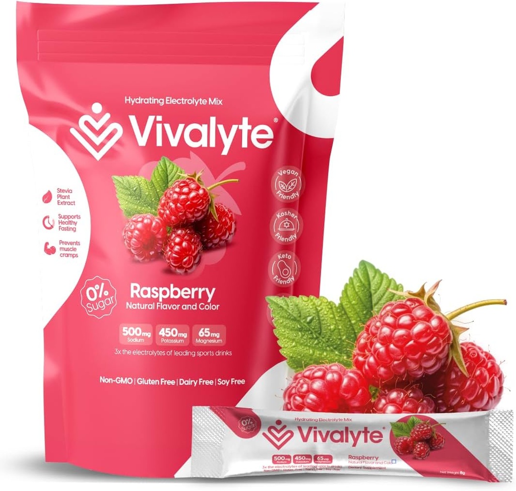 Elektrolyte Toz No Sugar Stevia Sweetized 100% Natural Hydration Packets - 20 Count | sodyum, Pyum Citrate & Magnezyum L-Threonate (5.64, Raspberry)