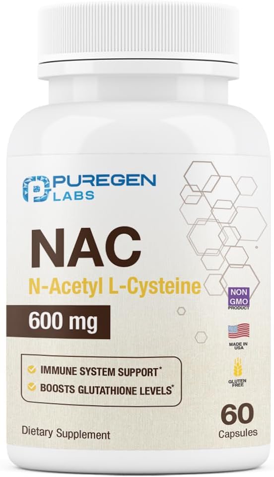 Puregen Labs N-Acetyl-L-Cysteine (NAC) 600 mg, Destekler Immune, Respiratory, Liver Health, NAC 600 mg, Potent Anti-radicals, Ab Capsulesorb - 60 Vegetarian Capsules