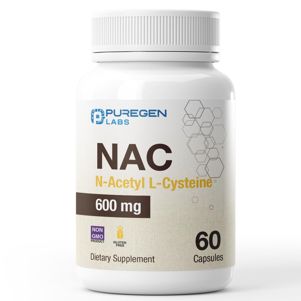 Puregen Labs N-Acetyl-L-Cysteine (NAC) 600 mg, Destekler Immune, Respiratory, Liver Health, NAC 600 mg, Potent Anti-radicals, Ab Capsulesorb - 60 Vegetarian Capsules