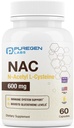 Puregen Labs N-Acetyl-L-Cysteine (NAC) 600 mg, Destekler Immune, Respiratory, Liver Health, NAC 600 mg, Potent Anti-radicals, Ab Capsulesorb - 60 Vegetarian Capsules