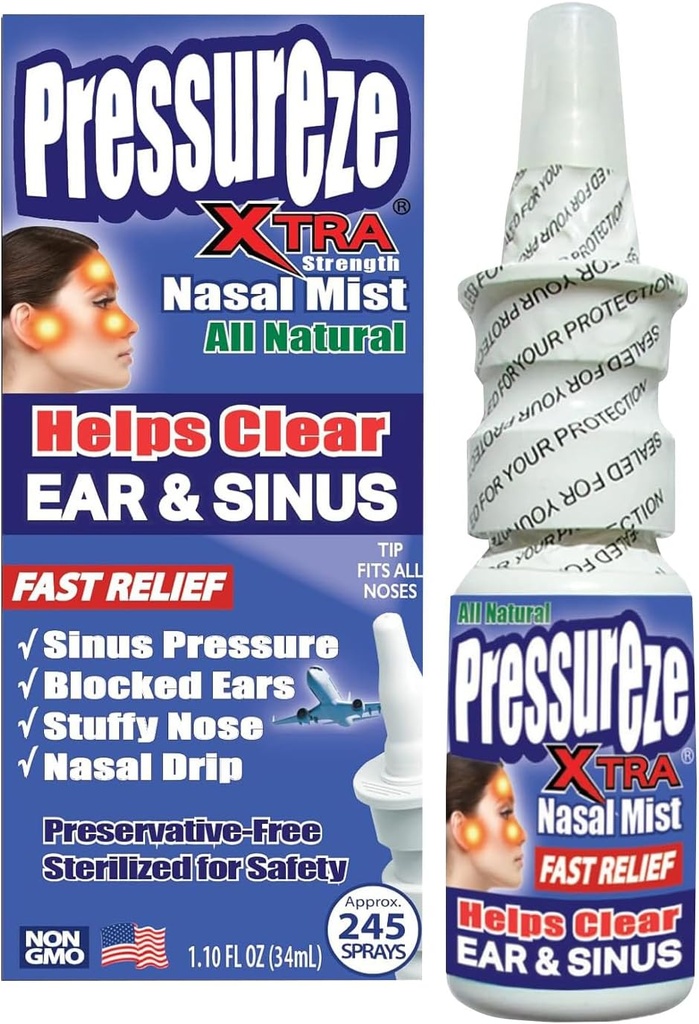 Basınçlı Xtra - Doğal Ön Lisanslı Ücretsiz - Sterile Nasal Mix - Severe Sinus Congestion Relief - Opens Blocked Ear Canals, Snoring - 245 Mixs, 34 ml (Pack of 1)