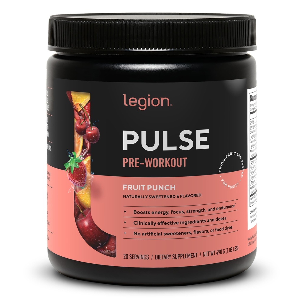 LEGION Pulse Pre Workout Supplement - All Natural Nitric Oksit Preworkout Drink to Boost Energy, Kretine Free, Doğal olarak Sweetized, Beta Alanine, Citrulline, Alpha GPC (Fruit Punch)