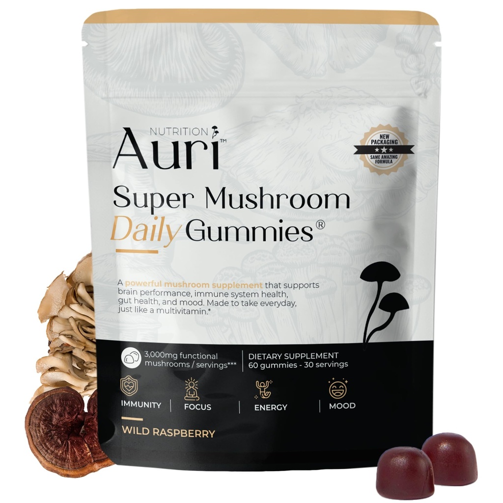 Auri Super Mushroom Daily Gummies - All-in-One Daily Mushroom Supplement Gummy - 12 Mushroom Mix with Chaga, Lions Mane, Reishi, Cordyceps - 60 Gummies