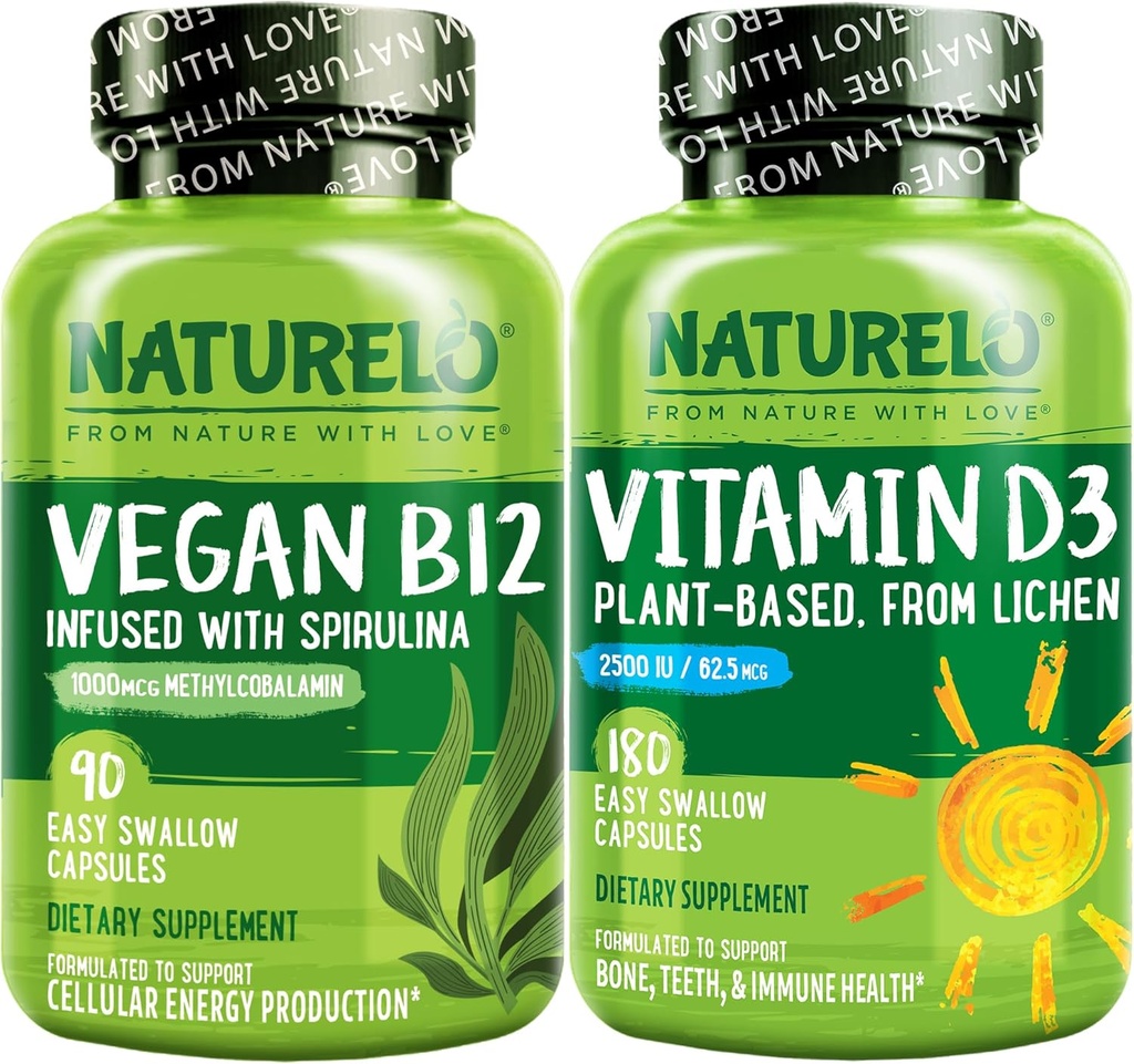 NATURELO Βιταμίνη D - Φυτό με βάση από τη λειχήνα - 180 μίνι κάψουλες, Vegan B12, 1000 mcg Μεθυλοκοβαλαμίνη - 90 κάψουλες