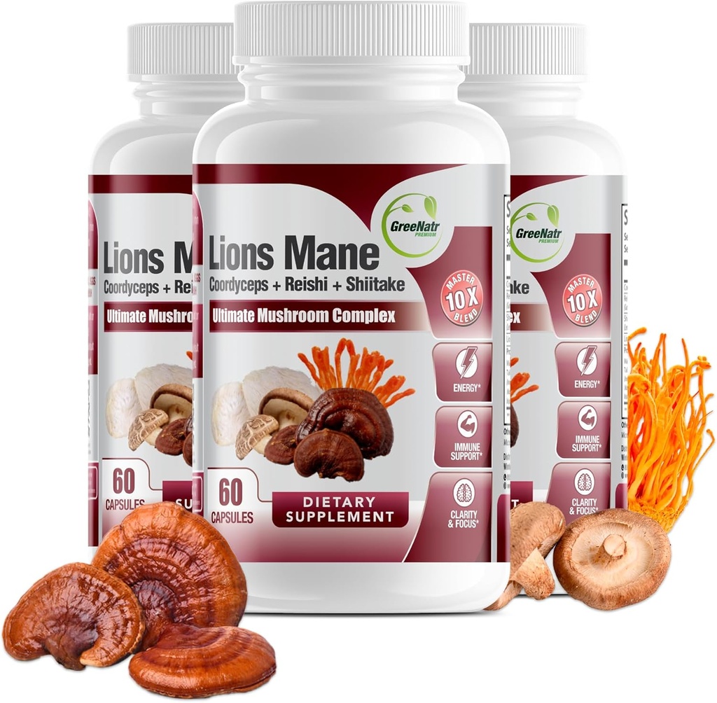 GreeNatr Tamam Mushroom Supplement – 10 in 1 Kompleks with Lions Mane, Cordyceps, Shiitake, Chaga, Türkiye Immune Support, Memory, Focus & Natural Energy Branson - 180 Capsules (3 Şişe)