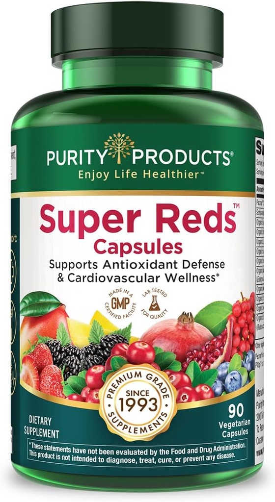 Προϊόντα καθαρότητας Super Reds Καψάκια Φόρμουλα (20+ βιολογικά σούπερ φρούτα και μούρα) Πιστοποιημένα βιολογικά φυτοθρεπτικά συστατικά - 90 κάψουλες