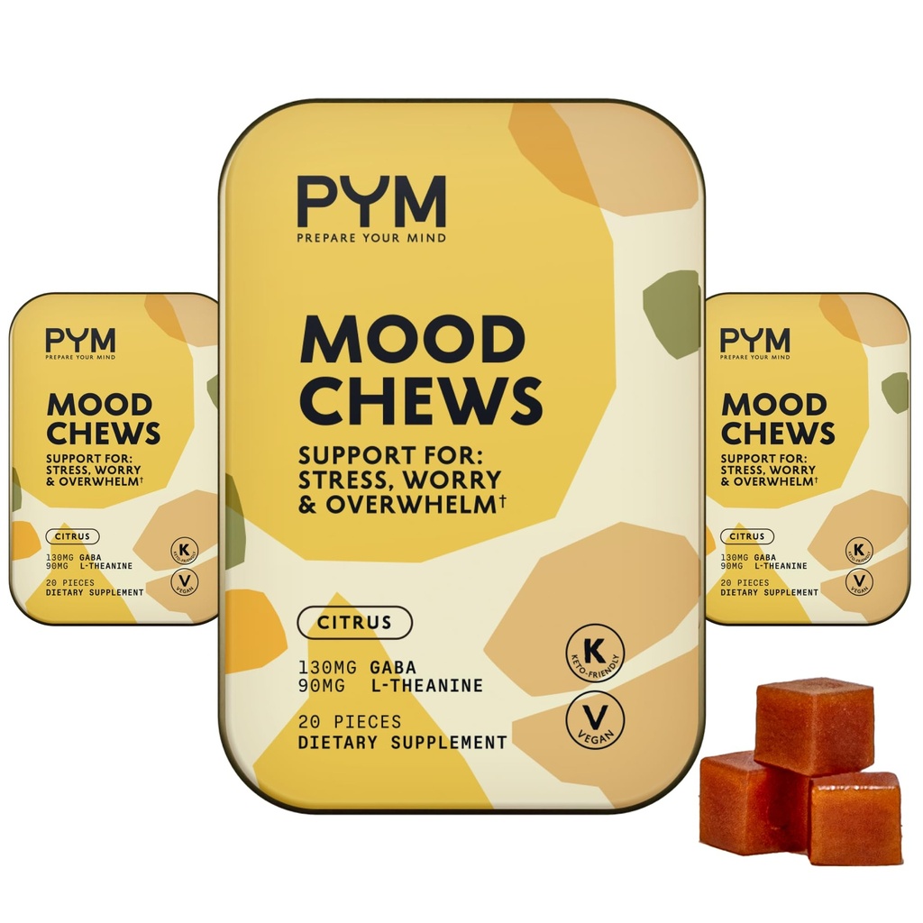 PYM Citrus Mood Chews Support for Stress, kaygı & Overwhelm, 60 Kont | 130 mg GABA, 90 mg L-Theanine | Vegan, Non-GMO, Gluten-Free, No Add Sugar | All- Natural Mood Balance Supplement Made in USA