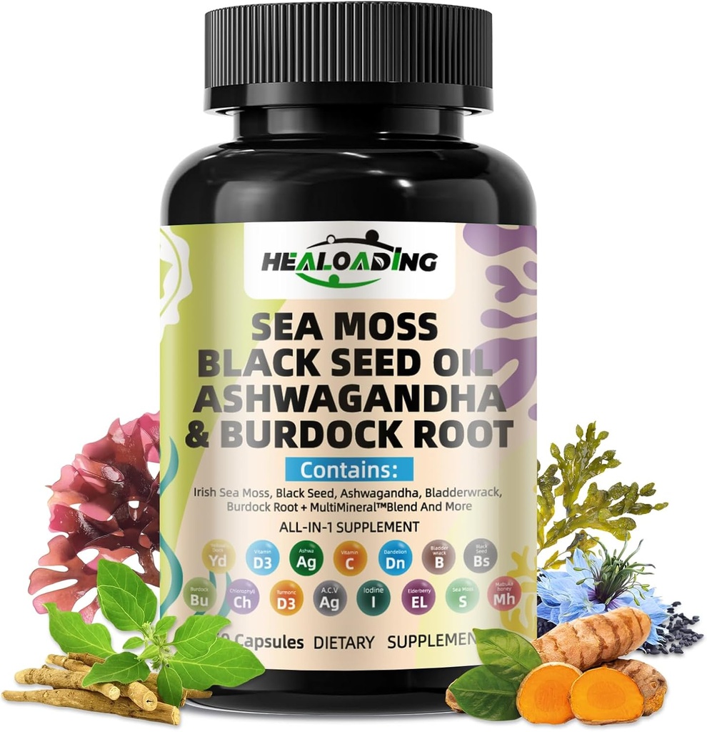 Sea Moss Capsules:Wildcrafted Organic Irish Seamoss & Bladderwack - Minerallerde Zengin, Tiroid Sağlığını Destekler, Digestion, Skin & Immune System - Vegan, Non-GMOMO