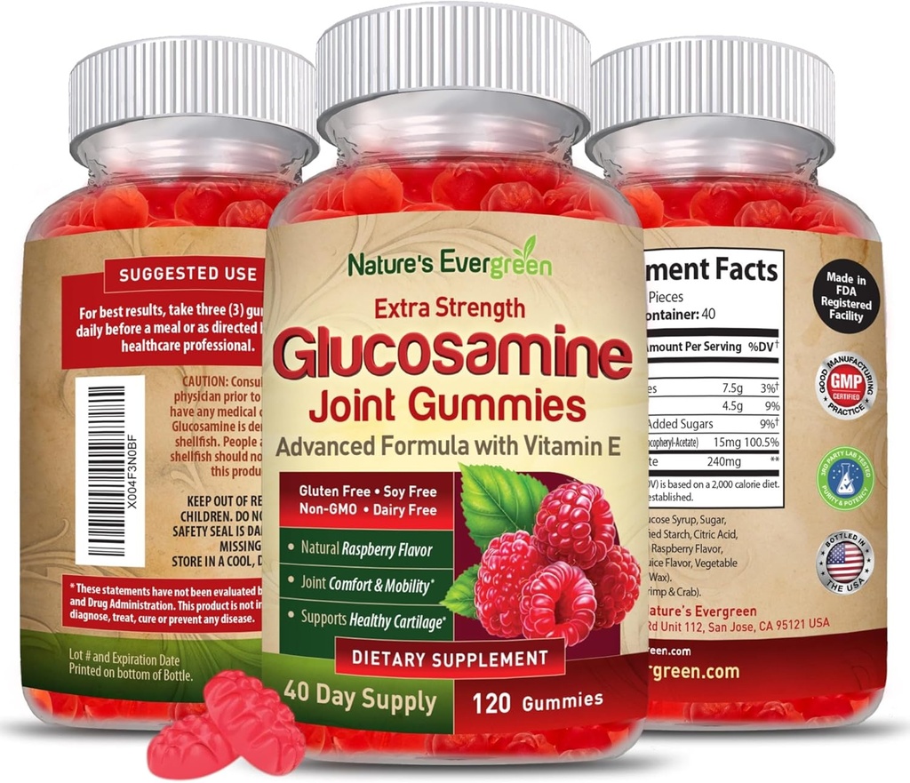 Ekstra Kuvvetli Glucosamin Ortak Destek Gummy Supplement | Doğal Ortak Sağlık Desteği ve Geri Döndürme, Dizler ve Hands | Vitamin E for Immune Support for Women & Men | 120 Gummies
