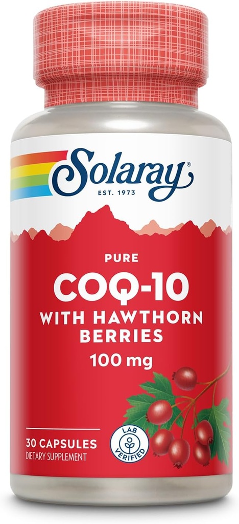 Solaray Pure CoQ10 100mg με Hawthorn Berry, Αντιοξειδωτική Φόρμουλα με Συνένζυμο Q10 και Βιταμίνη Ε για την Κυτταρική Ενέργεια και την Υγεία της Καρδιάς, Εργαστήριο Επαληθευμένο, 60 Ημέρα Εγγύηση, 30 Μερίδες, 30 Κάψουλες