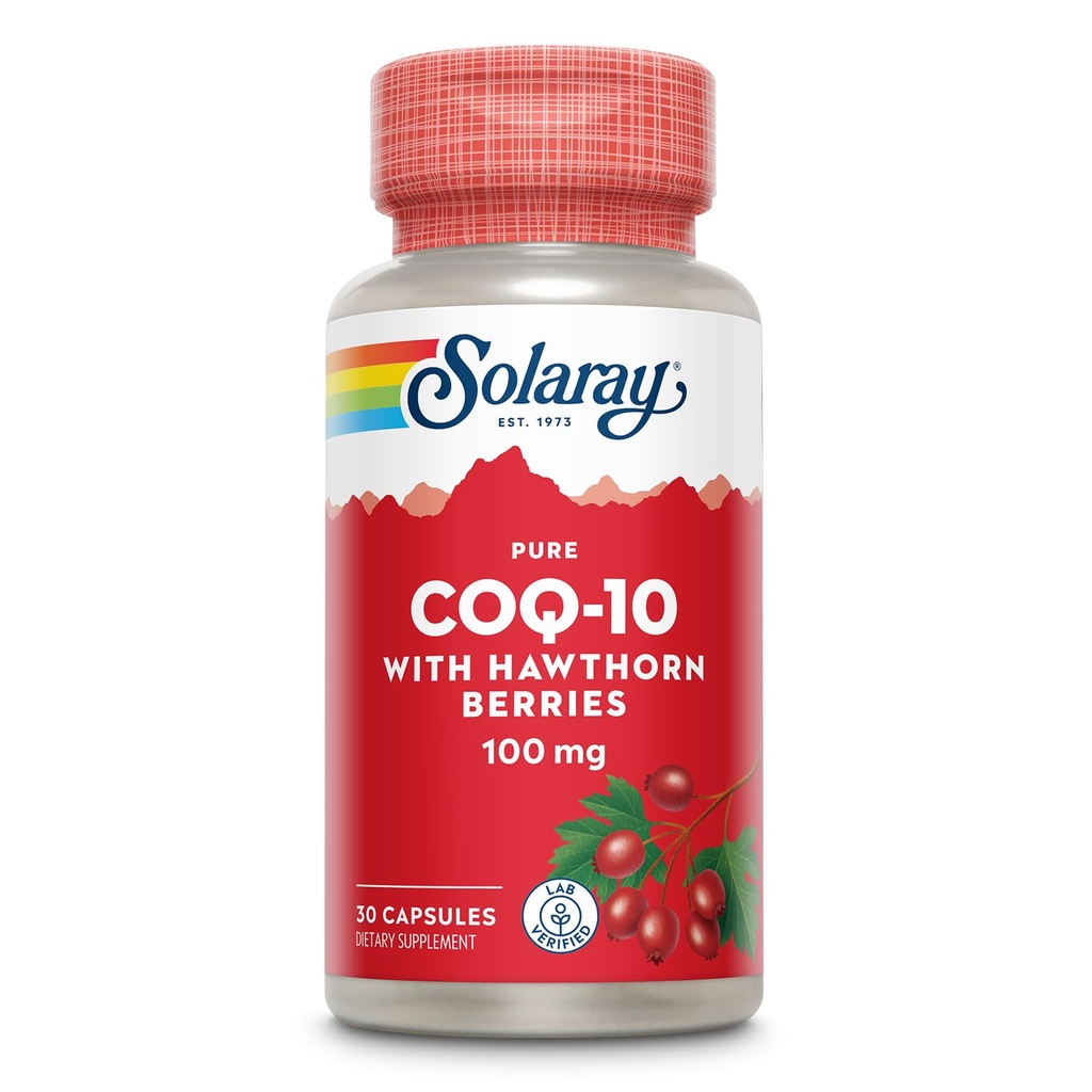 Solaray Pure CoQ10 100mg with Hawthorn Berry, Antioksi Formula Formula with CoEnzyme Q10 and Vitamin E for Cellular Energy and Heart Health Support, Lab TY, 60 Day Garanti, 30 Hizmet, 30 Capsules, 30 Capsules
