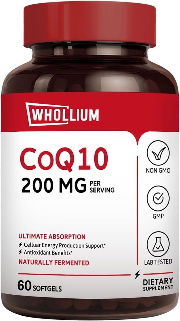 CoQ10 200mg Per Serving, Extra Virgin Olive Oil, Ultra Absorption, Naturally Fermented, Coenzyme Q10 Supplement, Energy Production, Healthy Heart, Anti-Aging, 60 Softgels