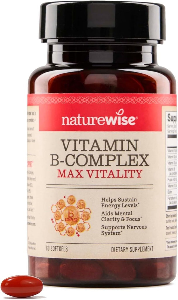 NatureWise Vitamin B Complex for Women and Men - with Folic Acid Biotin B1 B2 B3 B6 B12 - Υποστήριξη Κυτταρική Ενέργεια & Διανοητική Καθαρότητα - Γλουτένη & Γαλακτοκομικά, Μη ΓΤΟ - 60 Softgels[2-Month Supply]