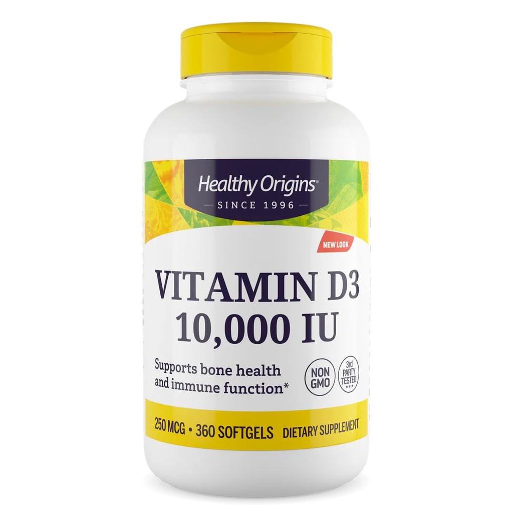 Sağlıklı Origins Vitamin D3 10.000 IU (Non-GMO, High Potency, Bone Support, Immune Support, Gluten Free), 360 Softgels