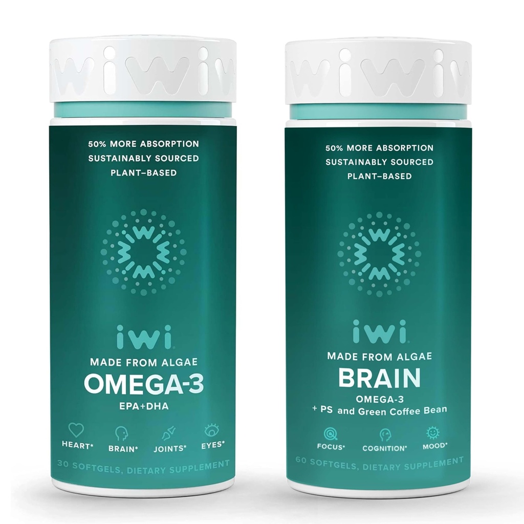 Iwi Omega-3 & Brain Omega-3 Bundle, 30 εξυπηρετήσεις, Vegan Plant-based Algae Omega 3 with EPA + DHA, Krill & Fish Oil Alternative, Χωρίς ψαρική επίγευση
