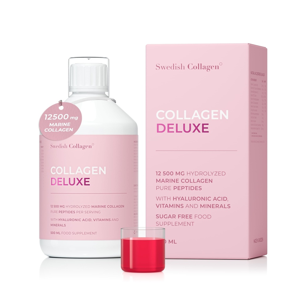 İsveç Collagen Deluxe | 12,500 mg Hydrolyzed Marine Collagen Liquid Supplement - 500 ml, 20 Day Supply | Hyaluronic Acid, Biotin ve Vitamin C Sağlıklı Saçları Desteklemek için, Skin, Nails | Sugar-Free
