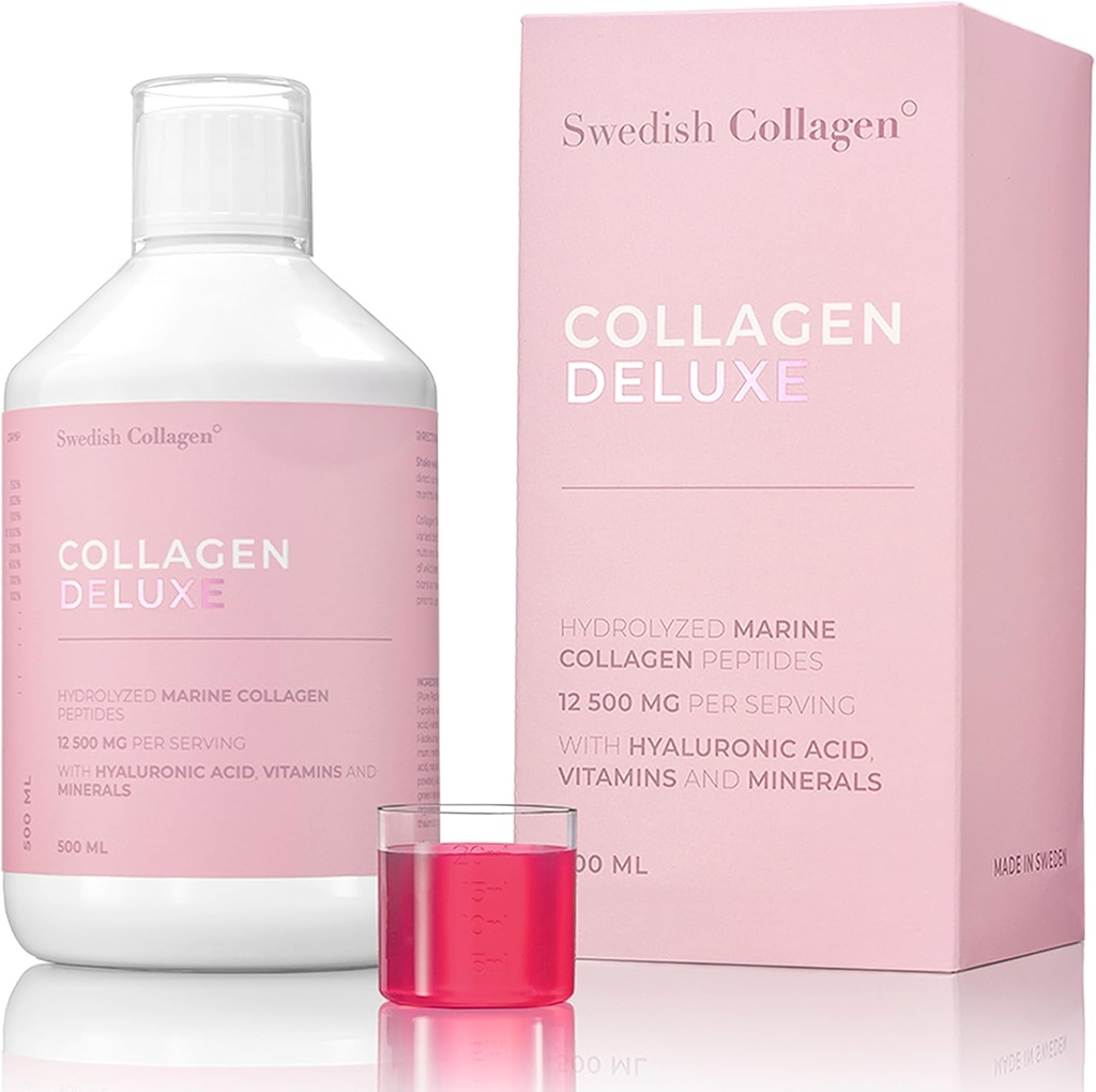 İsveç Collagen Deluxe | 12,500 mg Hydrolyzed Marine Collagen Liquid Supplement - 500 ml, 20 Day Supply | Hyaluronic Acid, Biotin ve Vitamin C Sağlıklı Saçları Desteklemek için, Skin, Nails | Sugar-Free