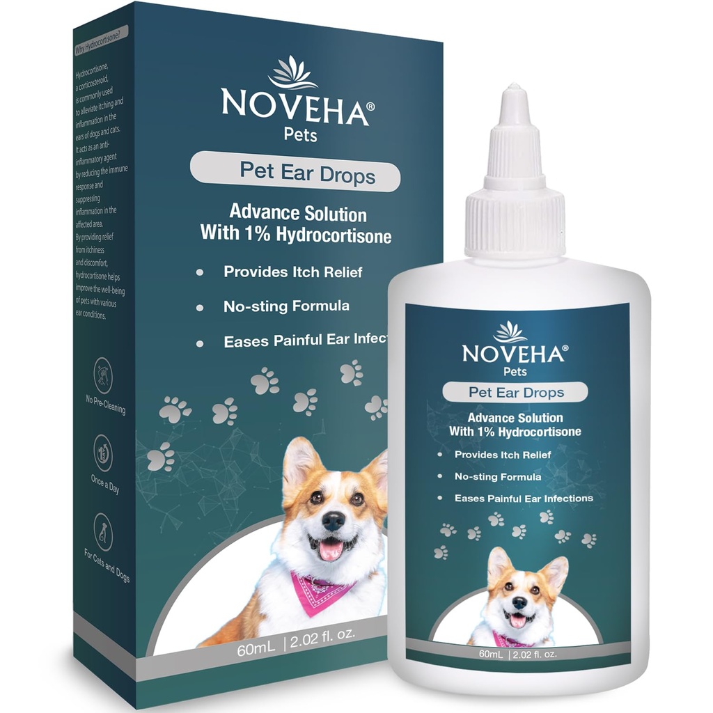 NOVEHA Pet Ear drops with% 1 Hydrocortisone | Ear temizleyici for Dogs & Cats for Earwax buildup, No-Sting Formula, Calms Itch & Reduces Painful Ear Enfeksiyons 60mL (60 ml)