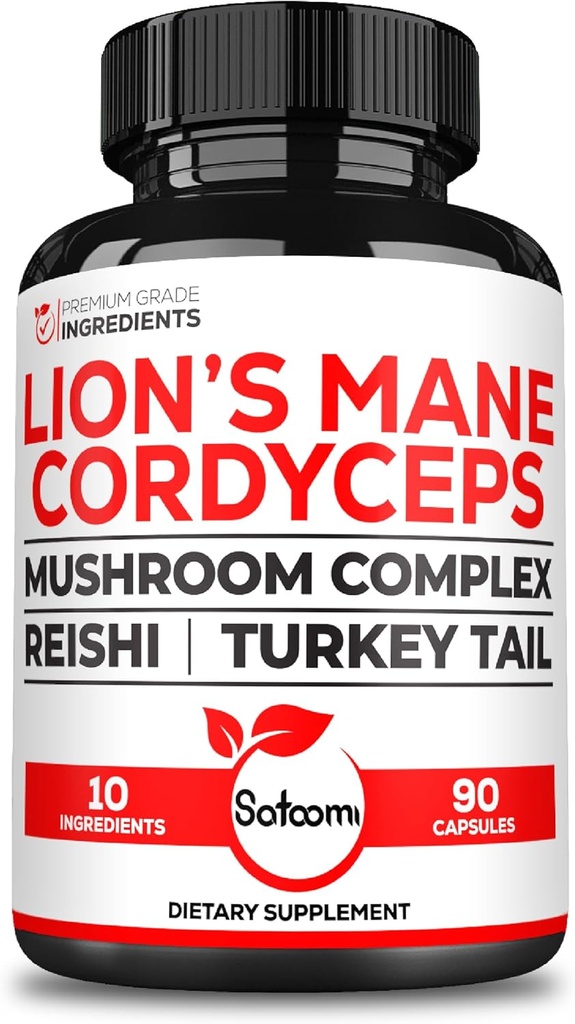 Satoomi 10in1 Cordyceps Mushroom Supplement - Lions Mane, Türkiye Tail Mushroom, Reishi Mushroom & Other - 90 Capsules for 90 Service Supply Supply